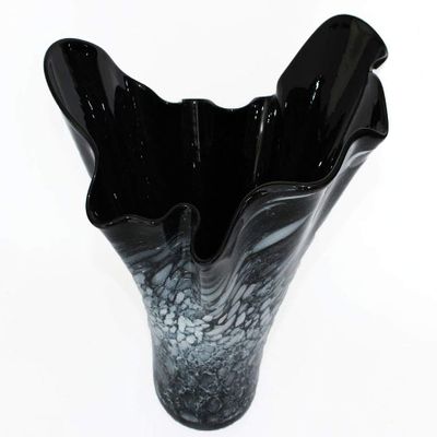 Art DecoGlass Glass Vase Poland Unique Handmade Glass Vase - Black Marble Decor - Mouth Blown Glass - Decorative Art Ruffle Vase Centerpiece - 16 inch