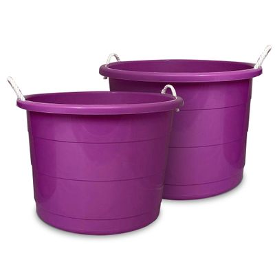HOMZ 2-Pack Utility Tub, Large Plastic Storage Bucket with Rope Handles, 17 Gallon, Purple - Portable Indoor and Outdoor Buckets for Kitchen, Laundry, Garden, Bathroom, and Garage Organization