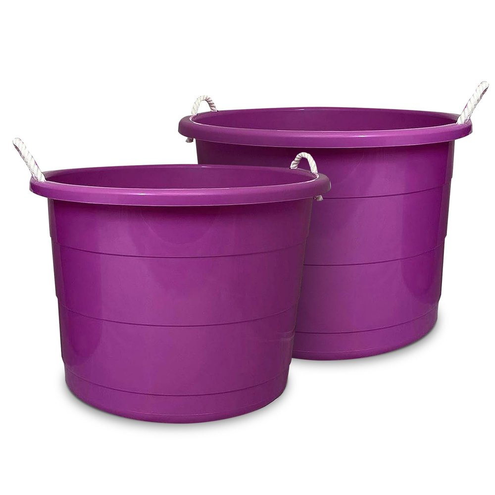 HOMZ 2-Pack Utility Tub, Large Plastic Storage Bucket with Rope Handles, 17 Gallon, Purple - Portable Indoor and Outdoor Buckets for Kitchen, Laundry, Garden, Bathroom, and Garage Organization