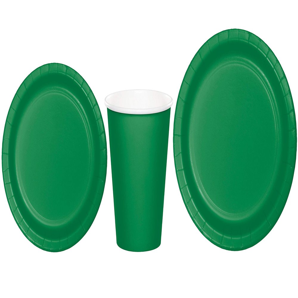 Baxters Party Bundles Bulk, Emerald Green, 96 Count 9 Inch Round Paper Plates, 96 Count 9 Ounce Hot/Cold Paper Cups, 96 Count 7 Inch Round Paper Plates, Pack Contains 288 Pieces