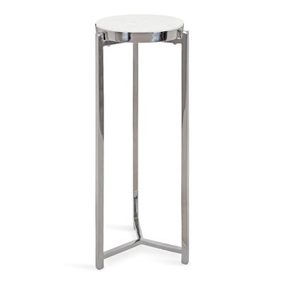 Kate and Laurel Aguilar Glam Round Drink Table, 8 x 8 x 23, Silver and White, Small Accent Table for Use as Plant Pedestal Stand with Marble Tabletop