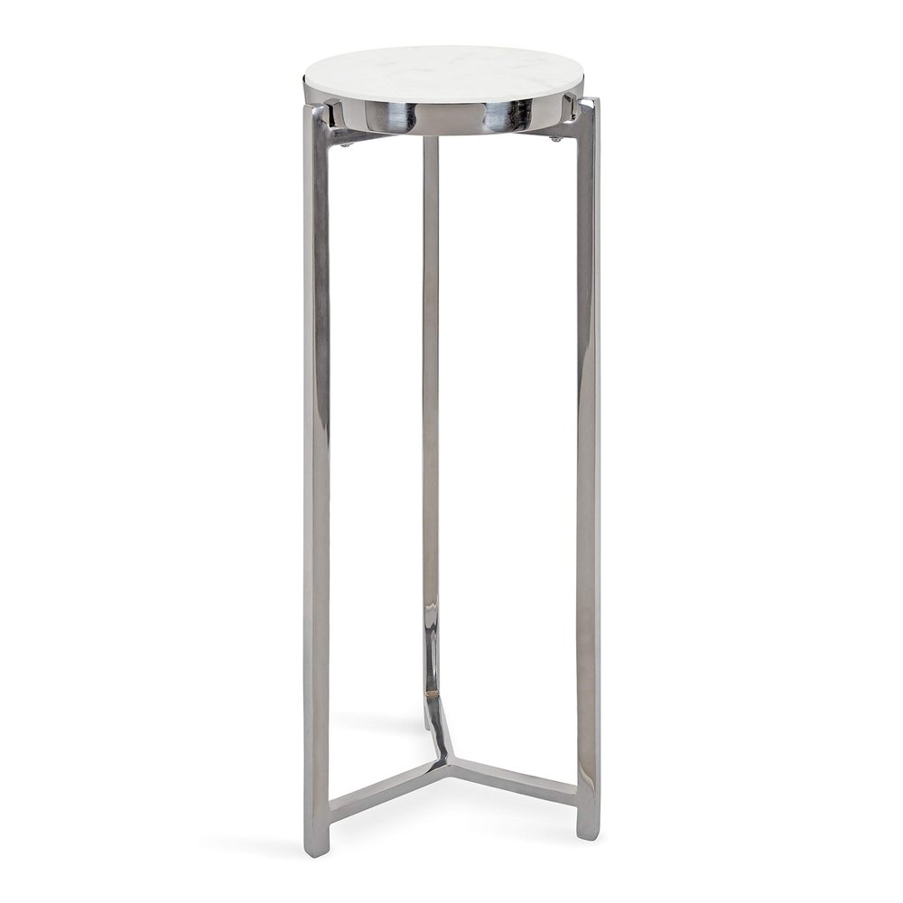 Kate and Laurel Aguilar Glam Round Drink Table, 8 x 8 x 23, Silver and White, Small Accent Table for Use as Plant Pedestal Stand with Marble Tabletop