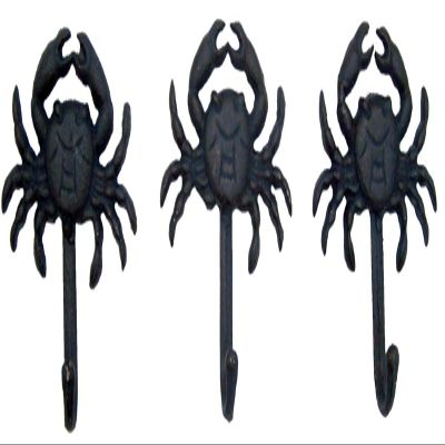 Rustic Blue Cast Iron Crab Wall Hooks, Set of 3, 5 Inch
