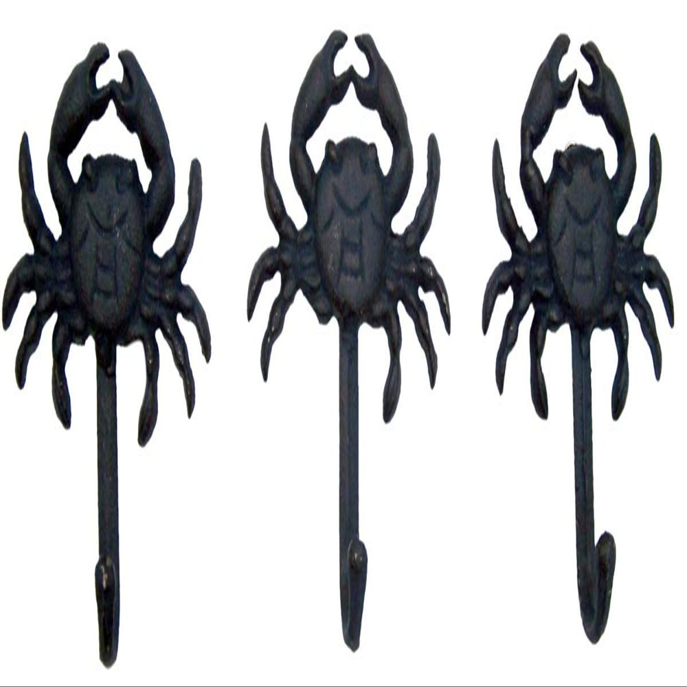 Rustic Blue Cast Iron Crab Wall Hooks, Set of 3, 5 Inch
