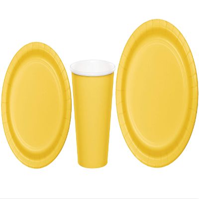 Baxters Party Bundles Bulk, Golden Yellow, 96 Count 9 Inch Round Paper Plates, 96 Count 9 Ounce Hot/Cold Paper Cups, 96 Count 7 Inch Round Paper Plates, Pack Contains 288 Pieces