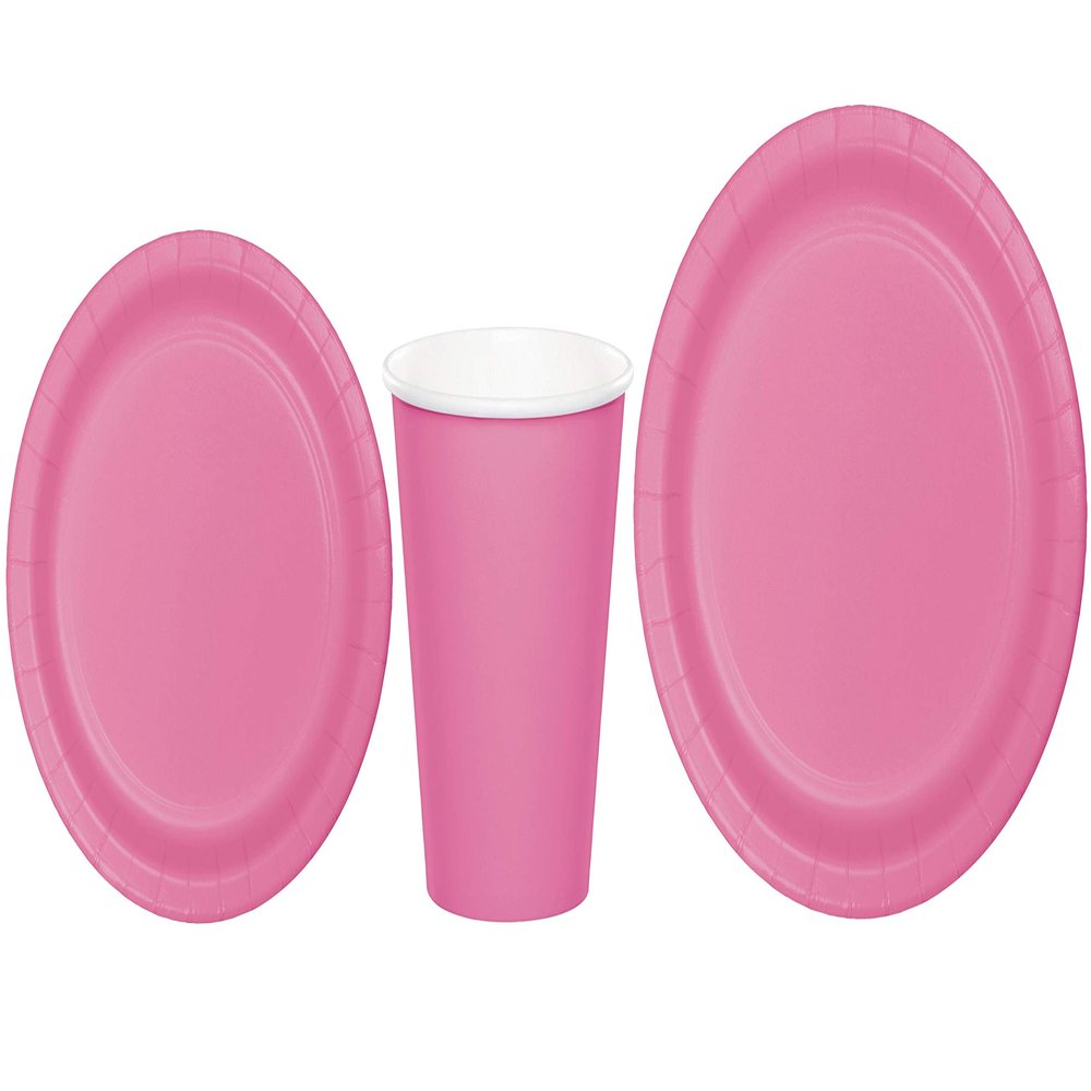 Baxters Party Bundles Bulk, Candy Pink, 96 Count 9 Inch Round Paper Plates, 96 Count 9 Ounce Hot/Cold Paper Cups, 96 Count 7 Inch Round Paper Plates, Pack Contains 288 Pieces