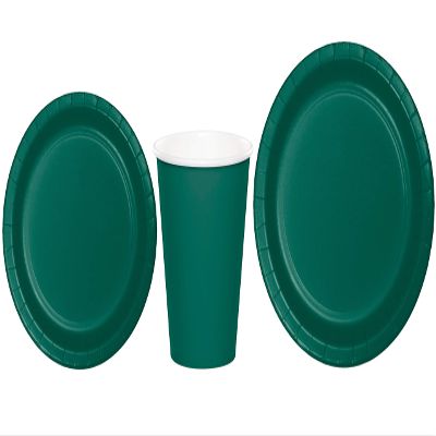 Baxters Party Bundles Bulk, Hunter Green, 96 Count 9 Inch Round Paper Plates, 96 Count 9 Ounce Hot/Cold Paper Cups, 96 Count 7 Inch Round Paper Plates, Pack Contains 288 Pieces