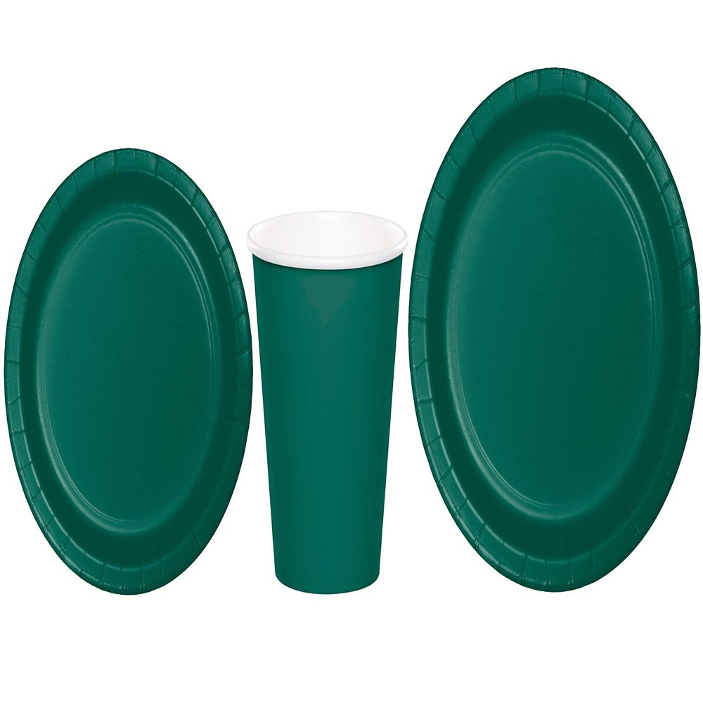 Baxters Party Bundles Bulk, Hunter Green, 96 Count 9 Inch Round Paper Plates, 96 Count 9 Ounce Hot/Cold Paper Cups, 96 Count 7 Inch Round Paper Plates, Pack Contains 288 Pieces