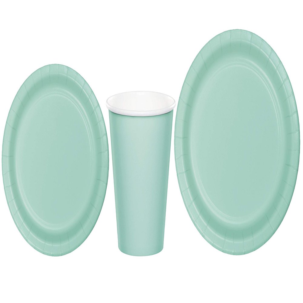 Baxters Party Bundles Bulk, Mint Green, 96 Count 9 Inch Round Paper Plates, 96 Count 9 Ounce Hot/Cold Paper Cups, 96 Count 7 Inch Round Paper Plates, Pack Contains 288 Pieces