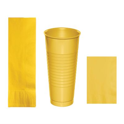 Baxters Party Bundles Bulk, Golden Yellow, 40 Count 16 Ounce Plastic Cups, 50 Count Dinner Paper Napkins, 50 Count Beverage Paper Napkins, Pack Contains 140 Pieces Made in the USA