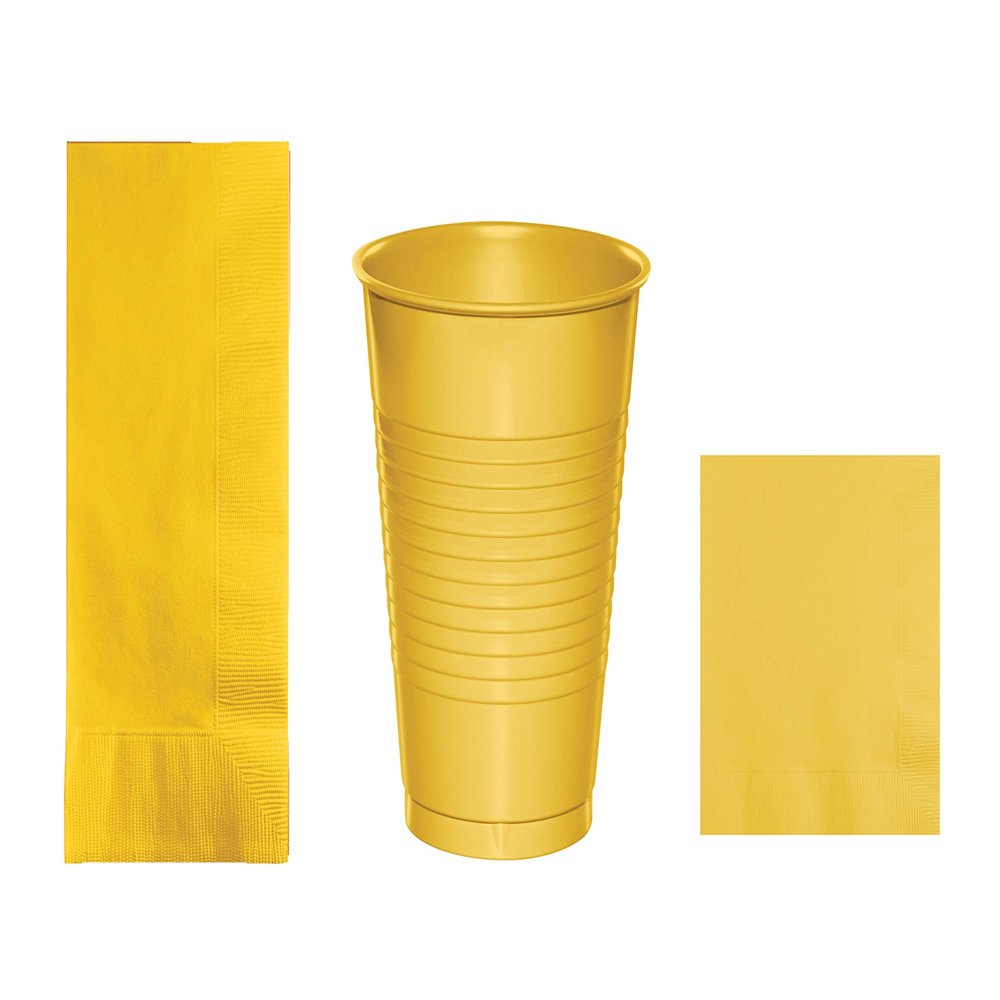 Baxters Party Bundles Bulk, Golden Yellow, 40 Count 16 Ounce Plastic Cups, 50 Count Dinner Paper Napkins, 50 Count Beverage Paper Napkins, Pack Contains 140 Pieces Made in the USA