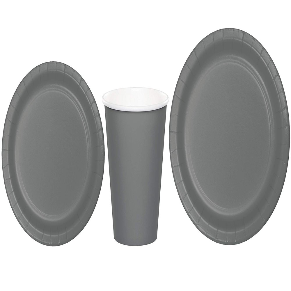 Baxters Party Bundles Bulk, Gray, 96 Count 9 Inch Round Paper Plates, 96 Count 9 Ounce Hot/Cold Paper Cups, 96 Count 7 Inch Round Paper Plates, Pack Contains 288 Pieces