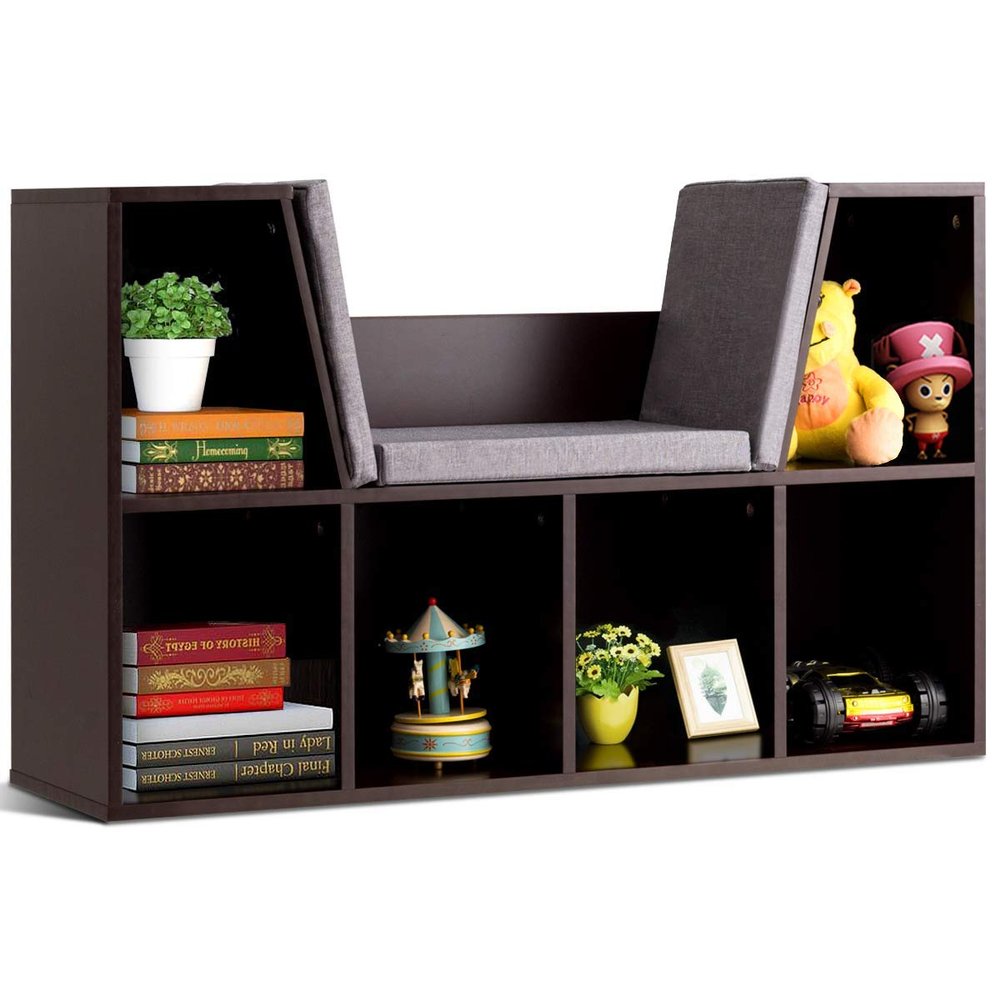 Costzon Kids Bookshelf with Reading Nook, 6 Cubby Bookcase with Soft Seat Cushion, Wooden Toy Storage Organizer with Bench, Book Shelf for Kids Room, Playroom, Nursery, Daycare