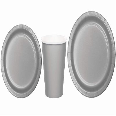 Baxters Party Bundles Bulk, Silver, 96 Count 9 Inch Round Paper Plates, 96 Count 9 Ounce Hot/Cold Paper Cups, 96 Count 7 Inch Round Paper Plates, Pack Contains 288 Pieces