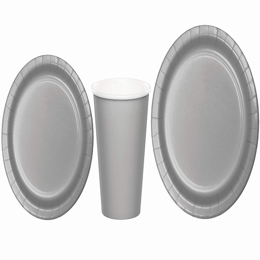 Baxters Party Bundles Bulk, Silver, 96 Count 9 Inch Round Paper Plates, 96 Count 9 Ounce Hot/Cold Paper Cups, 96 Count 7 Inch Round Paper Plates, Pack Contains 288 Pieces