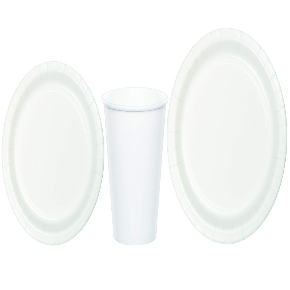 Baxters Party Bundles Bulk, White, 96 Count 9 Inch Round Paper Plates, 96 Count 9 Ounce Hot/Cold Paper Cups, 96 Count 7 Inch Round Paper Plates, Pack Contains 288 Pieces