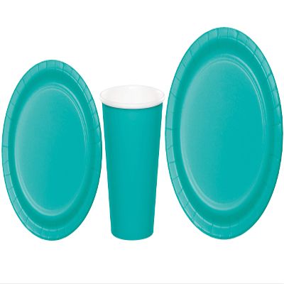 Baxters Party Bundles Bulk, Teal Green, 96 Count 9 Inch Round Paper Plates, 96 Count 9 Ounce Hot/Cold Paper Cups, 96 Count 7 Inch Round Paper Plates, Pack Contains 288 Pieces