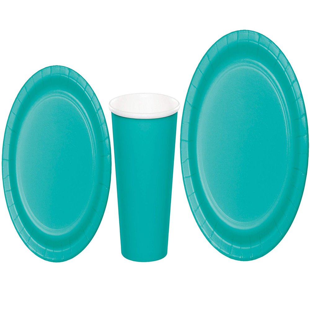 Baxters Party Bundles Bulk, Teal Green, 96 Count 9 Inch Round Paper Plates, 96 Count 9 Ounce Hot/Cold Paper Cups, 96 Count 7 Inch Round Paper Plates, Pack Contains 288 Pieces