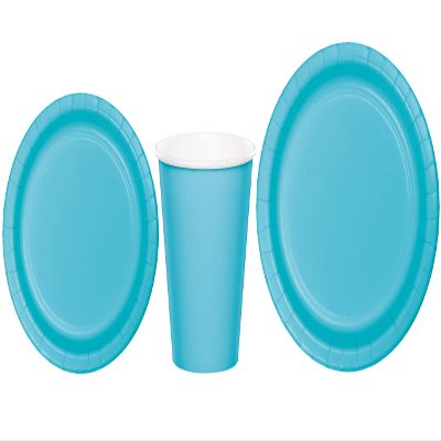 Baxters Party Bundles Bulk, Bermuda Blue, 96 Count 9 Inch Round Paper Plates, 96 Count 9 Ounce Hot/Cold Paper Cups, 96 Count 7 Inch Round Paper Plates, Pack Contains 288 Pieces