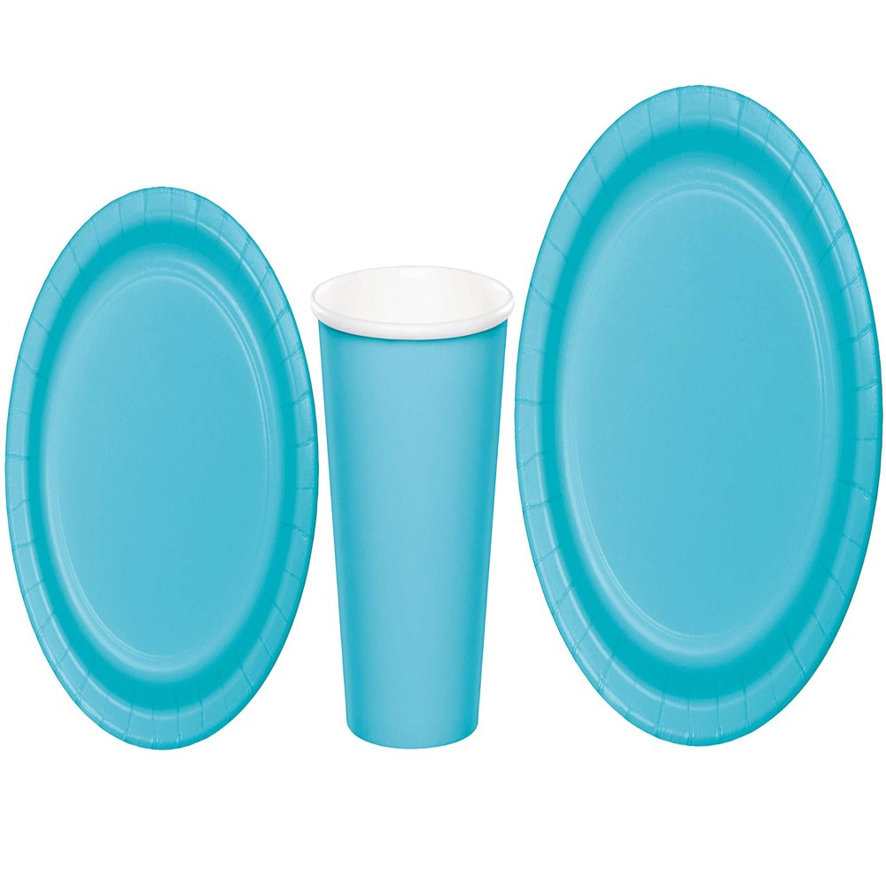 Baxters Party Bundles Bulk, Bermuda Blue, 96 Count 9 Inch Round Paper Plates, 96 Count 9 Ounce Hot/Cold Paper Cups, 96 Count 7 Inch Round Paper Plates, Pack Contains 288 Pieces