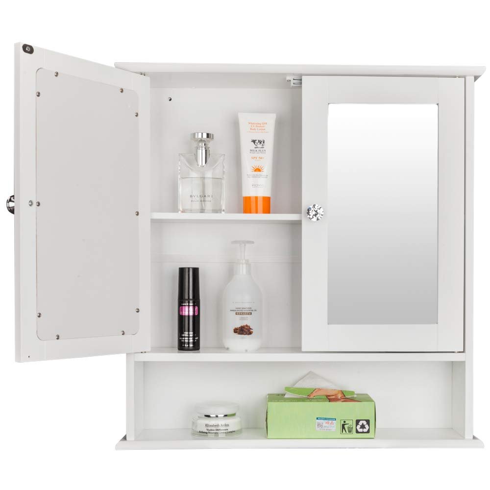 EBLSE Bathroom Cabinet, Wall Mount Storage Cabinet with Double Mirror Doors, Adjustable Shelf Wood Medicine Cabinet