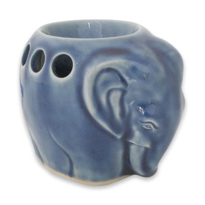 NOVICA Artisan Handmade Celadon Ceramic Oil Warmer Blue Thailand Lamps Lighting Incense Burners Elephant [3.5in H x 4.7in W x 3.9in D] ' Sapphire Elephant'