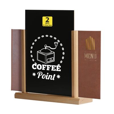 M&T Displays Classic Desktop Menu Holder with Chalkboard, Portrait Table Top Sign Holder, Ad Frame for Restaurant, Store, Office, Wedding, Party, Event (2 Pack) (Natural Wood, 8.5x11)