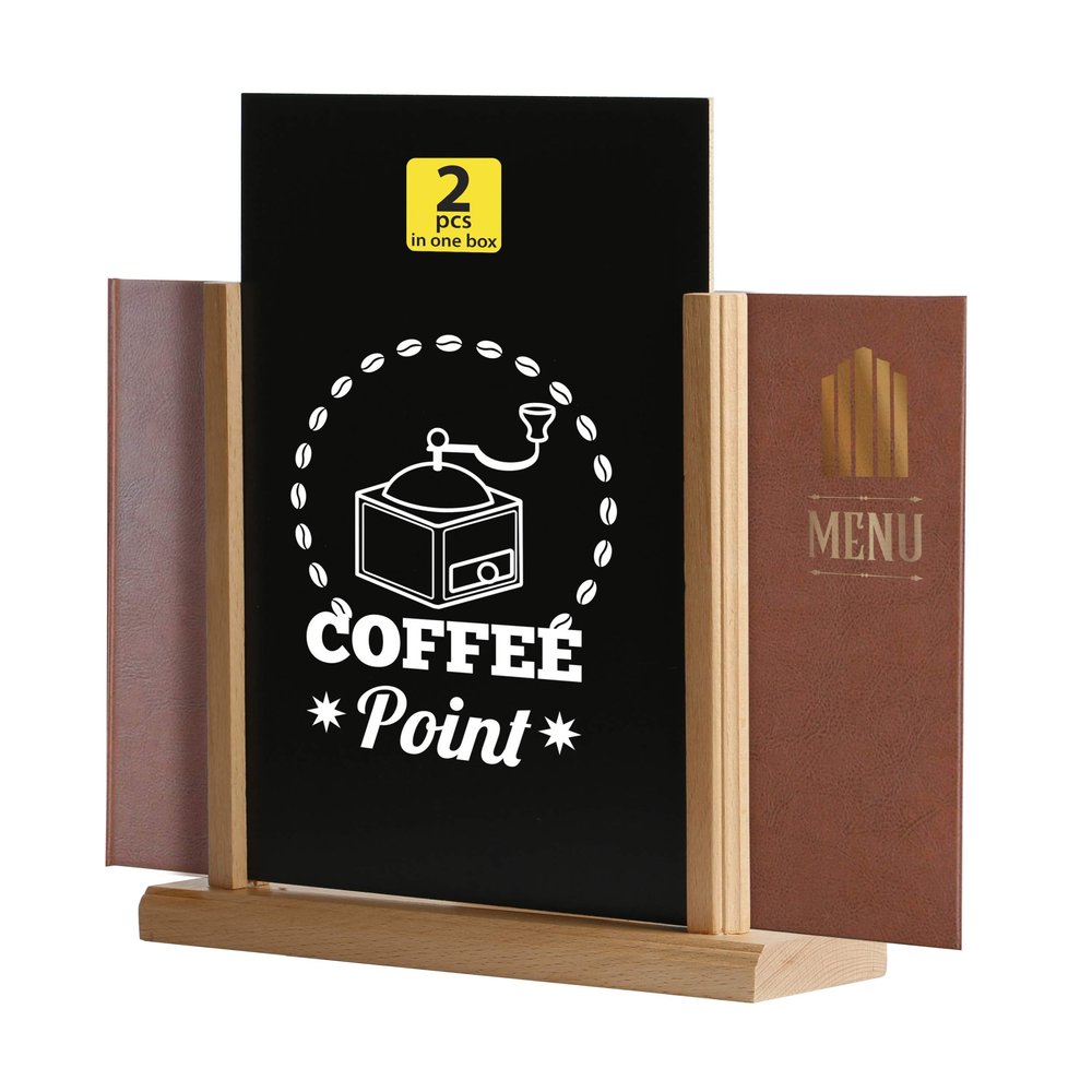 M&T Displays Classic Desktop Menu Holder with Chalkboard, Portrait Table Top Sign Holder, Ad Frame for Restaurant, Store, Office, Wedding, Party, Event (2 Pack) (Natural Wood, 8.5x11)
