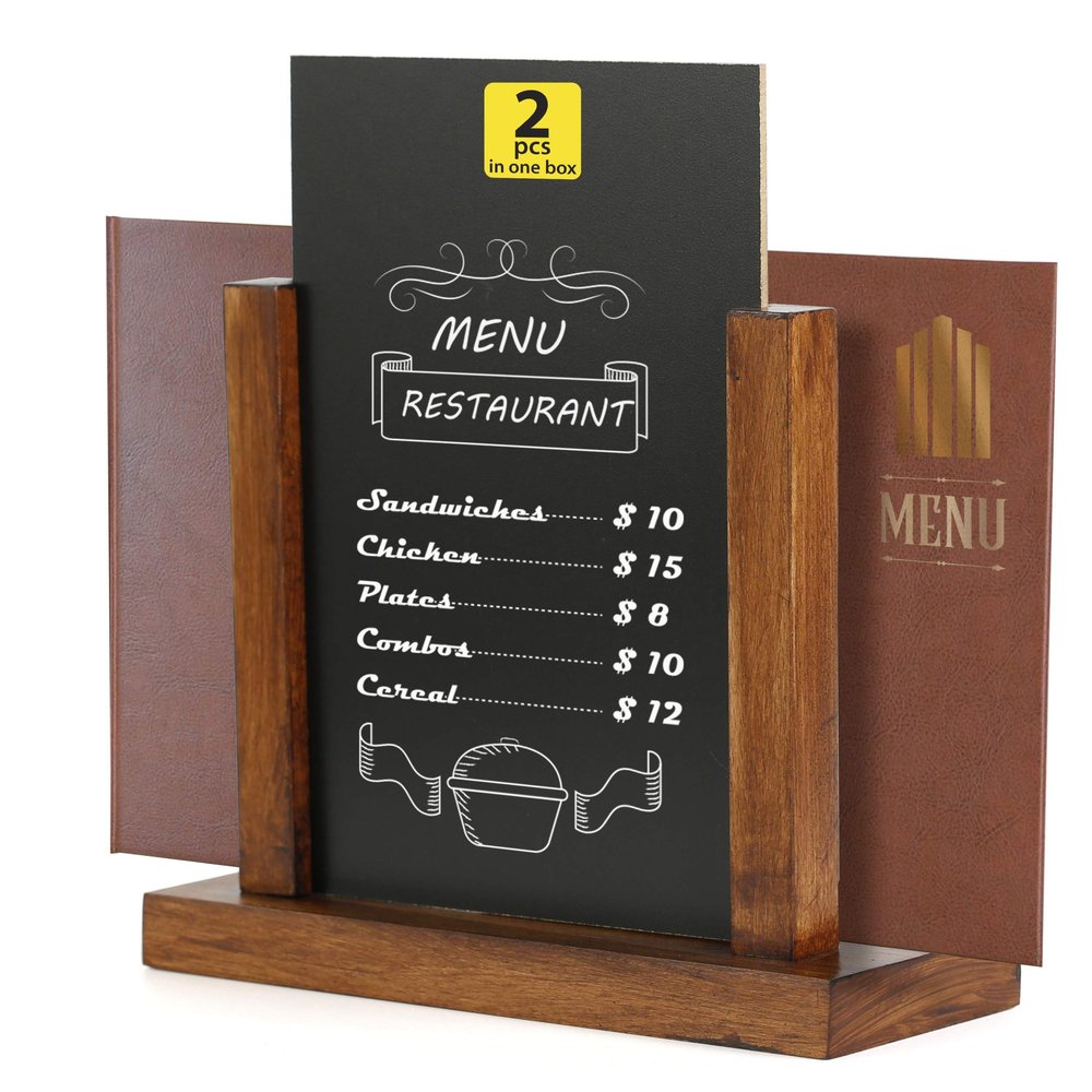 M&T Displays Contemporary Desktop Menu Holder with Chalkboard, Portrait Table Top Sign Holder, Ad Frame for Restaurant, Store, Office, Wedding, Party, Event (2 Pack) (Dark Wood, 5.5x8.5)