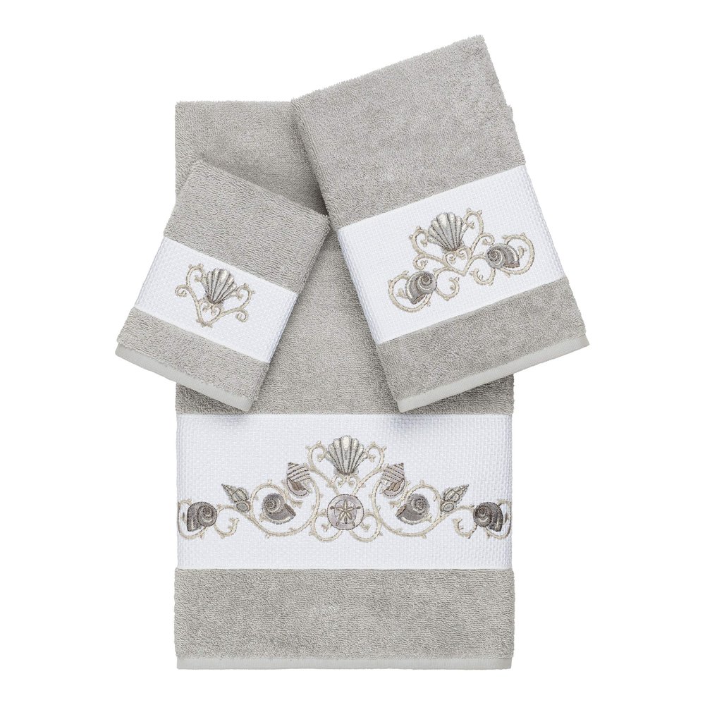 Authentic Hotel and Spa Turkish Cotton Shells Embroidered Light Grey 3-Piece Towel Set