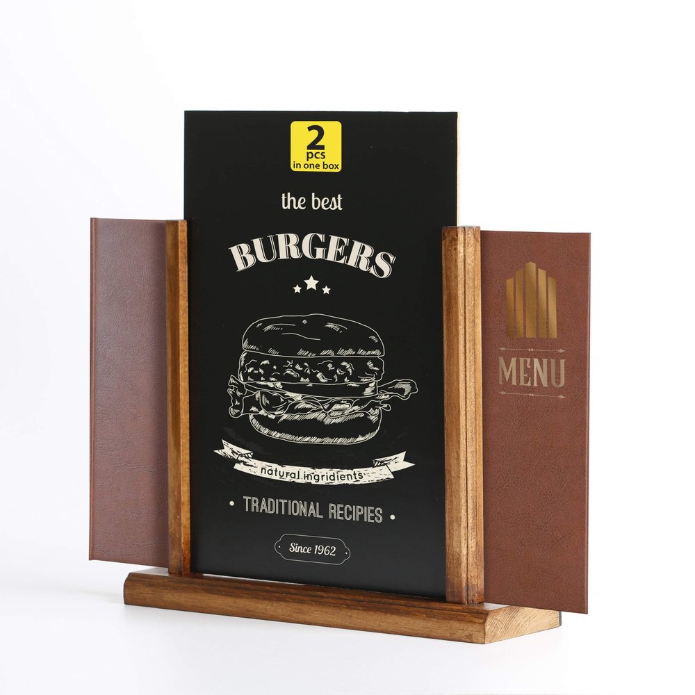 M&T Displays Classic Desktop Menu Holder with Chalkboard, Portrait Table Top Sign Holder, Ad Frame for Restaurant, Store, Office, Wedding, Party, Event (2 Pack) (Dark Wood, 5.5x8.5)