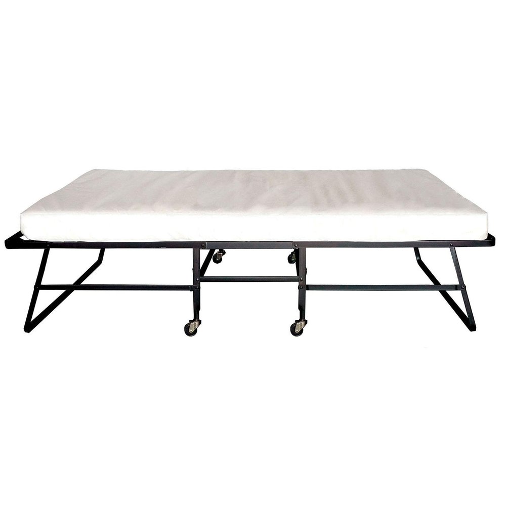 Benjara Metal Rollaway Folding Bed with 48 Inch Mattress and Casters, Black