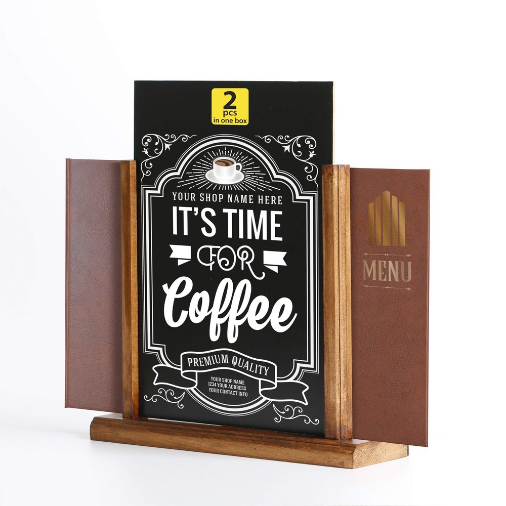 M&T Displays Classic Desktop Menu Holder with Chalkboard, Portrait Table Top Sign Holder, Ad Frame for Restaurant, Store, Office, Wedding, Party, Event (2 Pack) (Dark Wood, 8.5x11)