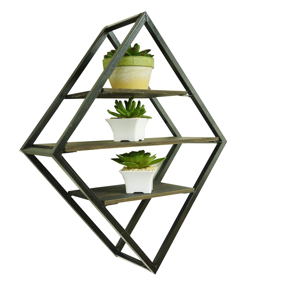 Admired By Nature 4 3 Tier Matte Black Metal Display Shelf, Wall Mounted Diamond Shaped Rack
