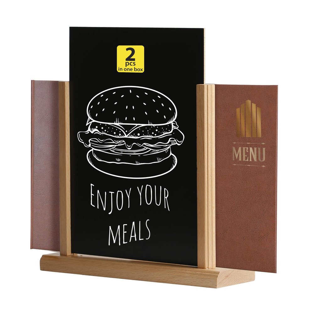 M&T Displays Classic Desktop Menu Holder with Chalkboard, Portrait Table Top Sign Holder, Ad Frame for Restaurant, Store, Office, Wedding, Party, Event (2 Pack) (Natural Wood, 5.5x8.5)