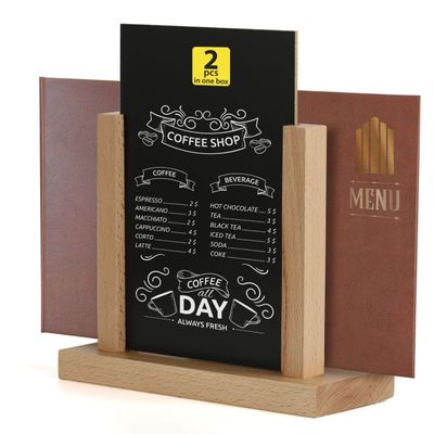 M&T Displays Contemporary Desktop Menu Holder with Chalkboard, Portrait Table Top Sign Holder, Ad Frame for Restaurant, Store, Office, Wedding, Party, Event (2 Pack) (Natural Wood, 8.5x11)