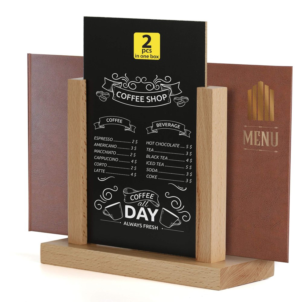 M&T Displays Contemporary Desktop Menu Holder with Chalkboard, Portrait Table Top Sign Holder, Ad Frame for Restaurant, Store, Office, Wedding, Party, Event (2 Pack) (Natural Wood, 8.5x11)