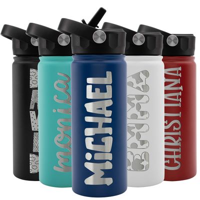 Personalized Kids Water Bottle w Straw & Lid FREE ENGRAVING! Custom Water Bottle w Name for Children, 18 oz - 9 COLOR, BPA Free - Non Sweat - Double Wall Insulated