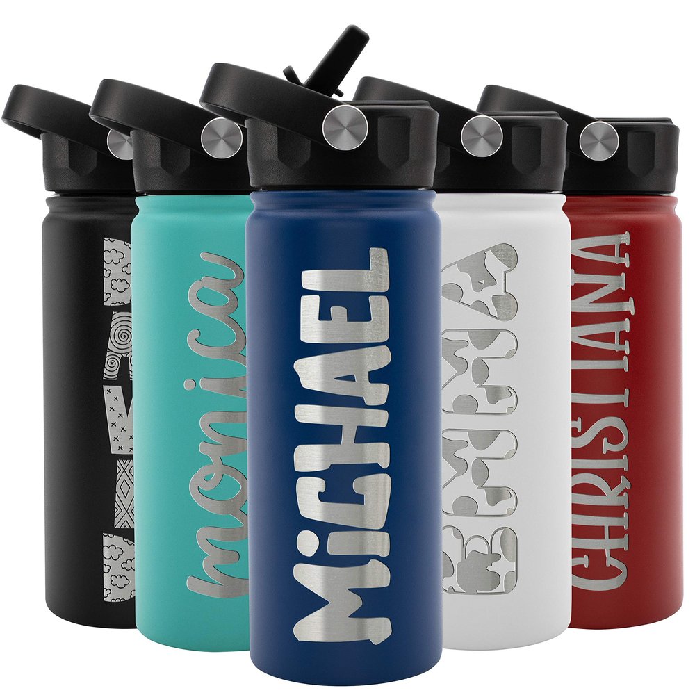 Personalized Kids Water Bottle w Straw & Lid FREE ENGRAVING! Custom Water Bottle w Name for Children, 18 oz - 9 COLOR, BPA Free - Non Sweat - Double Wall Insulated