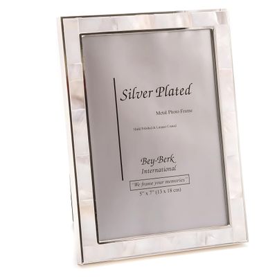 Bey-Berk Mother of Pearl and Silver Plated 5" x 7" Picture Frame with Easel Back, Iridescent Shell Inlay Border, Vertical or Horizontal Display