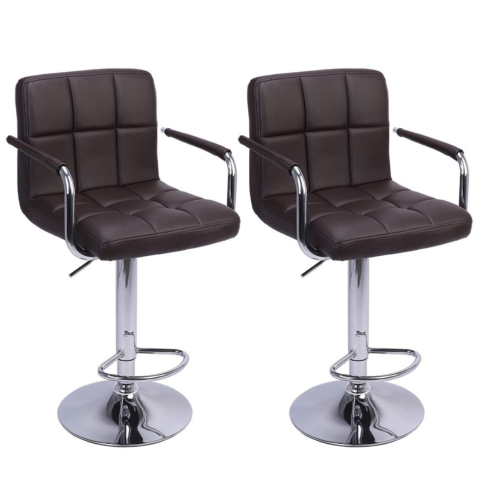 Layee Set of 2 Adjustable Bar Stools, Swivel Barstool Chairs with Back and Armrest, Pub Kitchen Counter Height Round Cushion Barstools 360 Degree Swivel Stool, Coffee