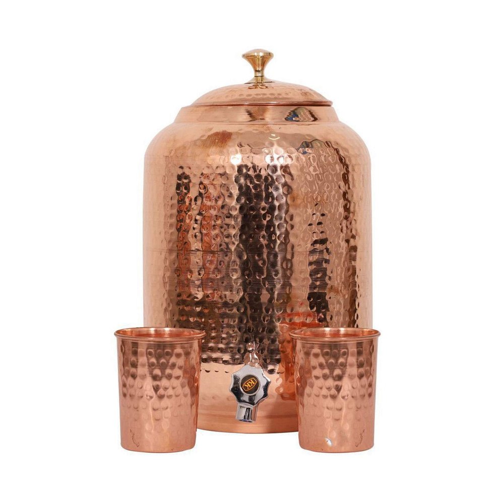 Handicraft Handloom Indian Handmade Hand Hammered Pure Copper Water Dispenser Pot 4 Liter Ayurveda Healing Water Storage Tank Copper Bottle Mug Pitcher With 2 Hammered Glasses