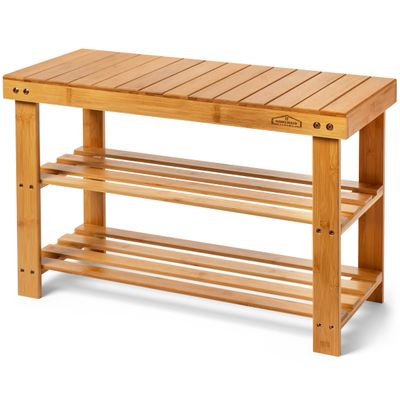 Bamboo 3 Tier Shoe Rack Bench, Premium Shoe Organizer or Entryway Bench, Perfect for Shoe Cubby, Entry Bench, Bathroom Bench, Entryway Organizer, Hallway or Living Room