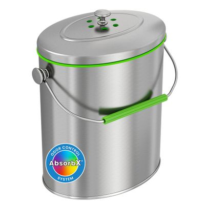 iTouchless Titanium 6 Liter / 1.6 Gallon Stainless Steel Compost Bin with AbsorbX Odor Filter System, Rust-Free Oval Shape Space Saving Kitchen Countertop Trash Can
