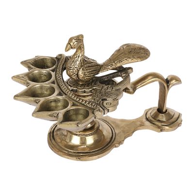 Kartique Brass Heavy Weight Pancharti Diya Oil Lamp Pach Aarti Jyoti Puja Dia Temple Pooja Gifts Decor Paanch 5 in1 Big Batti Arti Diya with Peacock Handle