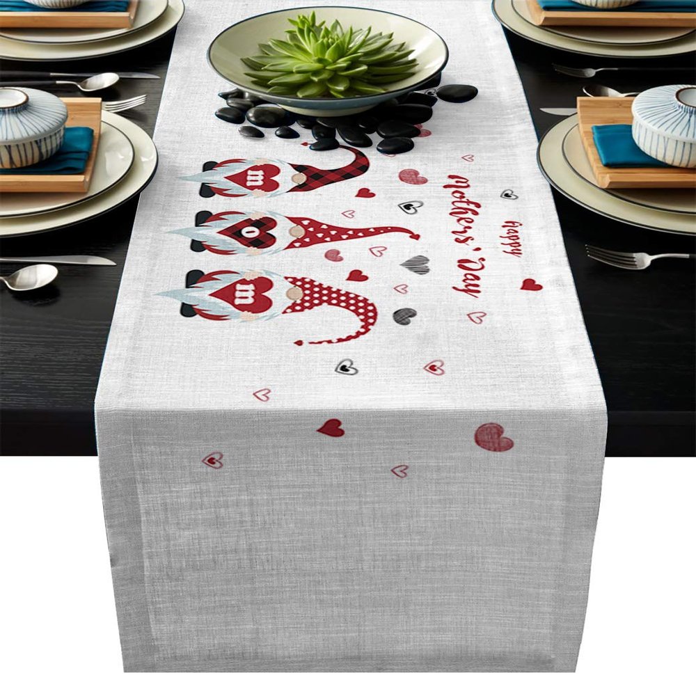Edwiinsa Mother's Day Cotton Linen Table Runner Geometric Rectangle Plate Mat Dresser Scarves, Doodle Love Heart Mom Gnomes Outdoor Rug Runner for Coffee Dining Banquet Home Decor 18 x 72 inch