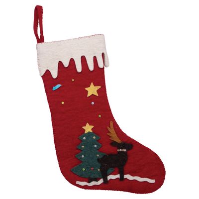 Creative Co-Op Wool Felt Appliqued Reindeer & Tree Stocking, Red