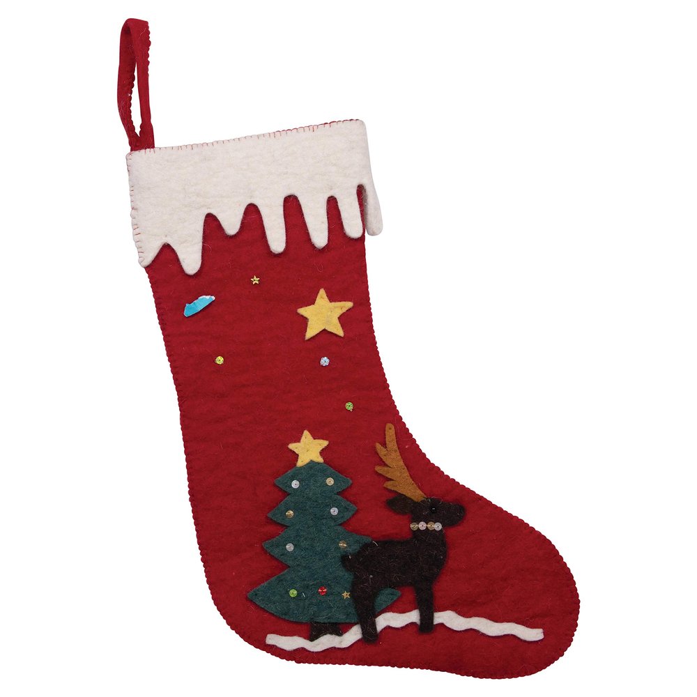 Creative Co-Op Wool Felt Appliqued Reindeer & Tree Stocking, Red