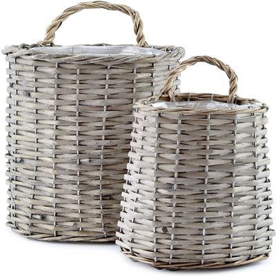 AuldHome Design Wall Hanging Baskets (Set of 2, Gray); Woven Wicker Rustic Farmhouse Gray Washed Door Baskets, Small and Medium Size
