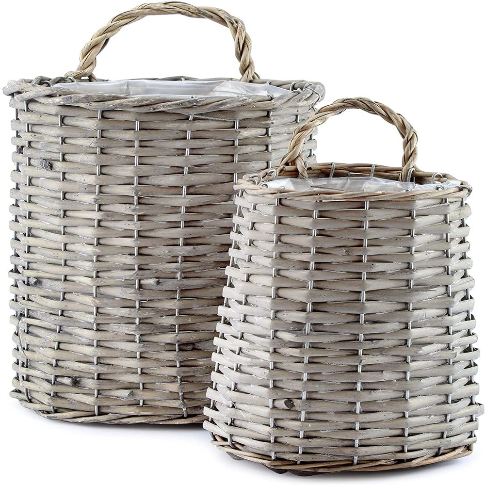 AuldHome Design Wall Hanging Baskets (Set of 2, Gray); Woven Wicker Rustic Farmhouse Gray Washed Door Baskets, Small and Medium Size